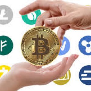 A hand placing a bitcoin into someone else's hand with images of other cryptocurrency logos in the background