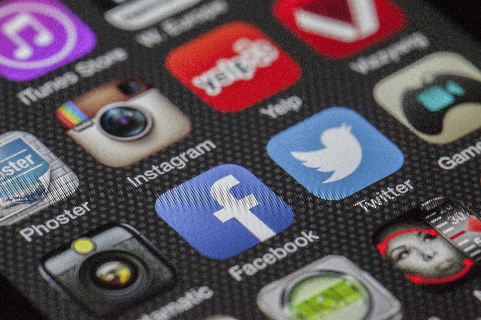 Apps on a Smartphone Screen, including Facebook, Instagram, and Twitter