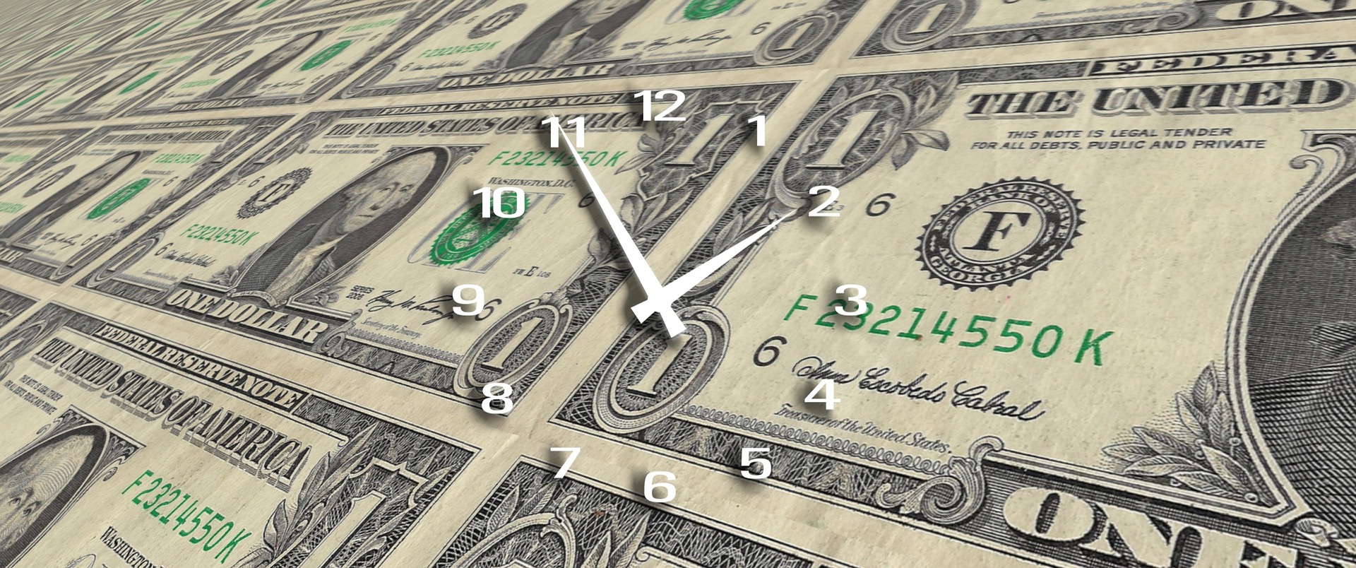 An analog clock superimposed on sheets of money